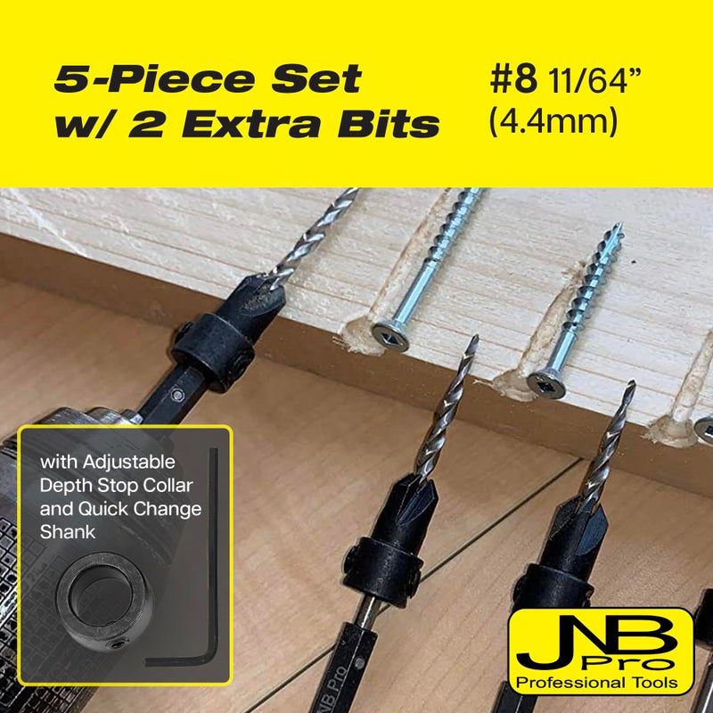 JNB Pro Countersink Drill Bit Set #8-5pcs (11/64"") 4 Flute M2 HSS Drill Bits 1/4 Hex Quick Change  Stop Collar Set Brocas para Madera Countersink Drill Bit for Wood Working with 2 Free Tapered Bits - Image 4